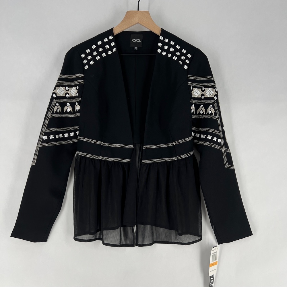 XOXO Sequin Embellished Embroidered Chiffon Hem V Neck Peplum Jacket Size S